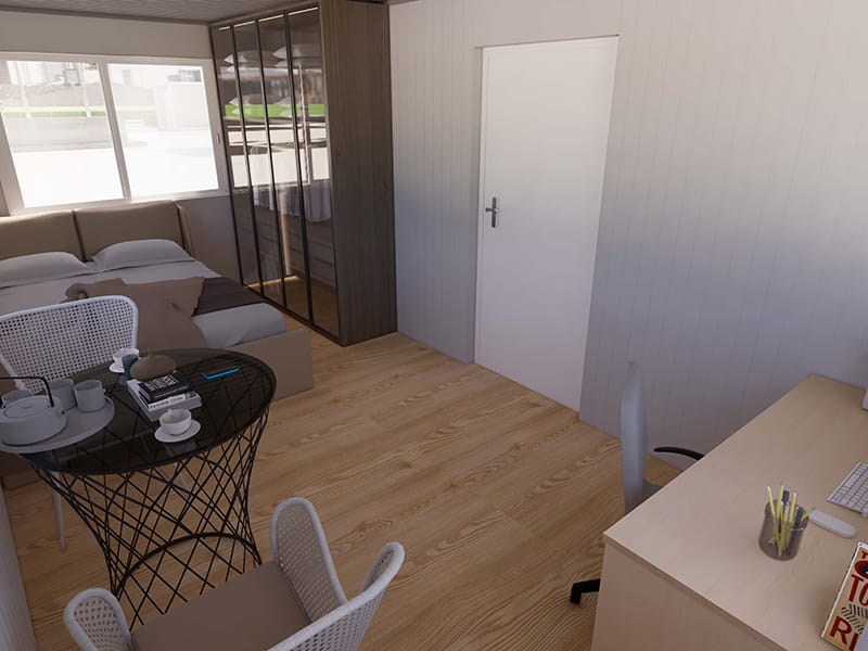 Casa contenedor de 54 m² con cocina y baño.