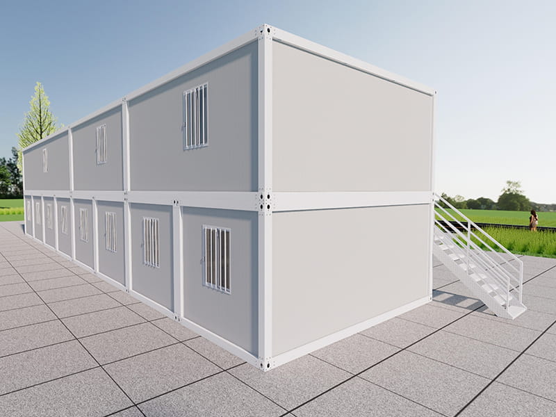 Oficina contenedora de dos plantas construida dentro de un almacén