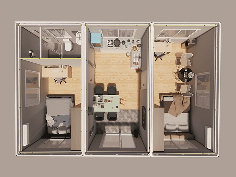 Casa contenedor de 54 m² con cocina y baño.