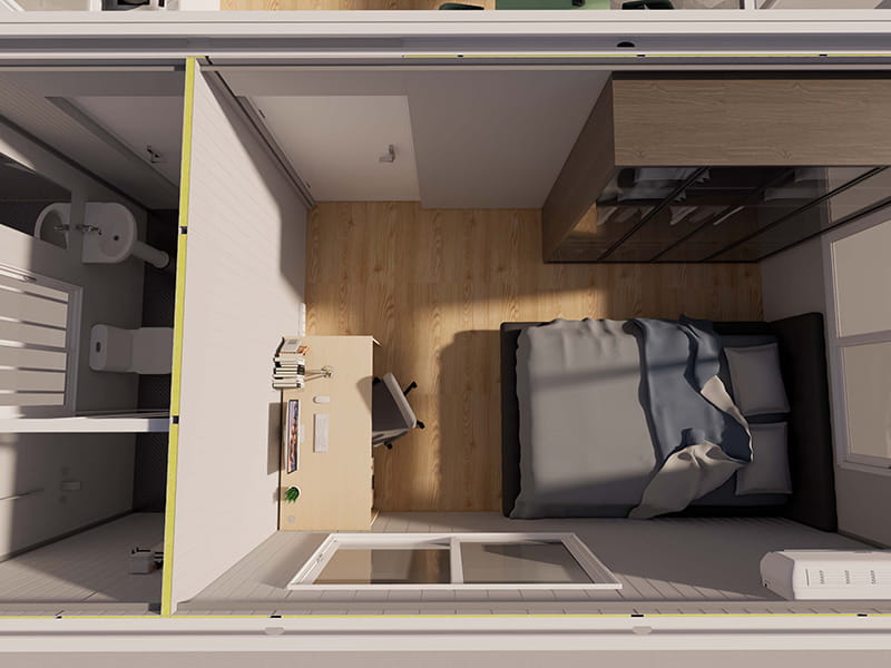 Casa contenedor de 54 m² con cocina y baño.