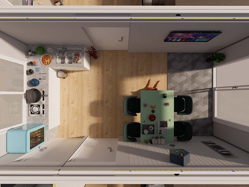 Casa contenedor de 54 m² con cocina y baño.