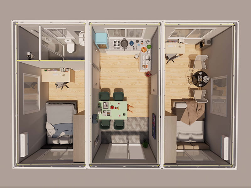 Casa contenedor de 54 m² con cocina y baño.