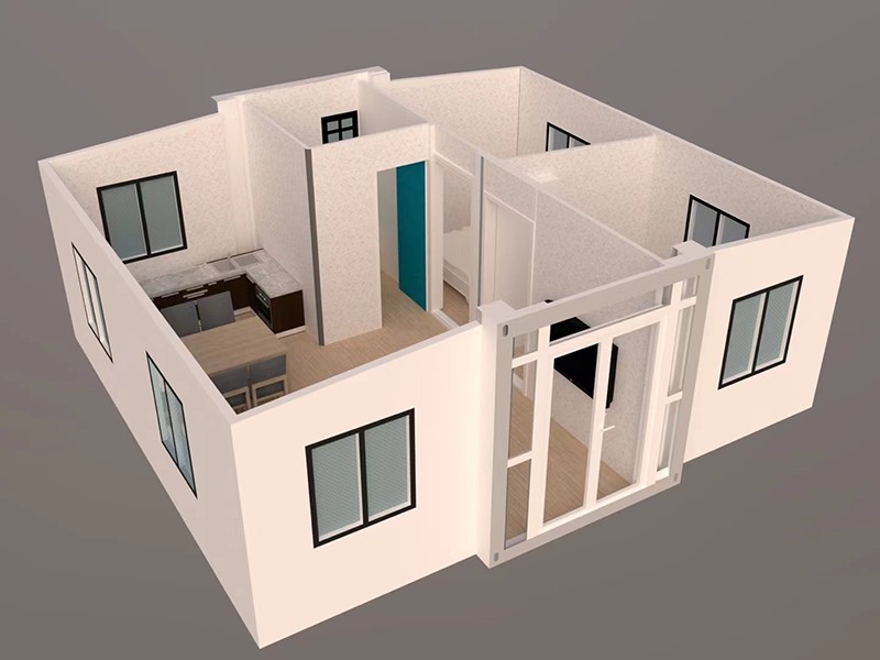 Plano de planta seccionado 3D de la casa contenedor expandible